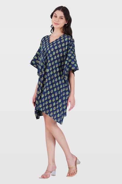 Navy Blue Cotton Printed Kaftan Top