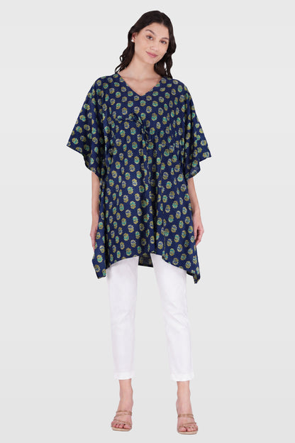 Navy Blue Cotton Printed Kaftan Top