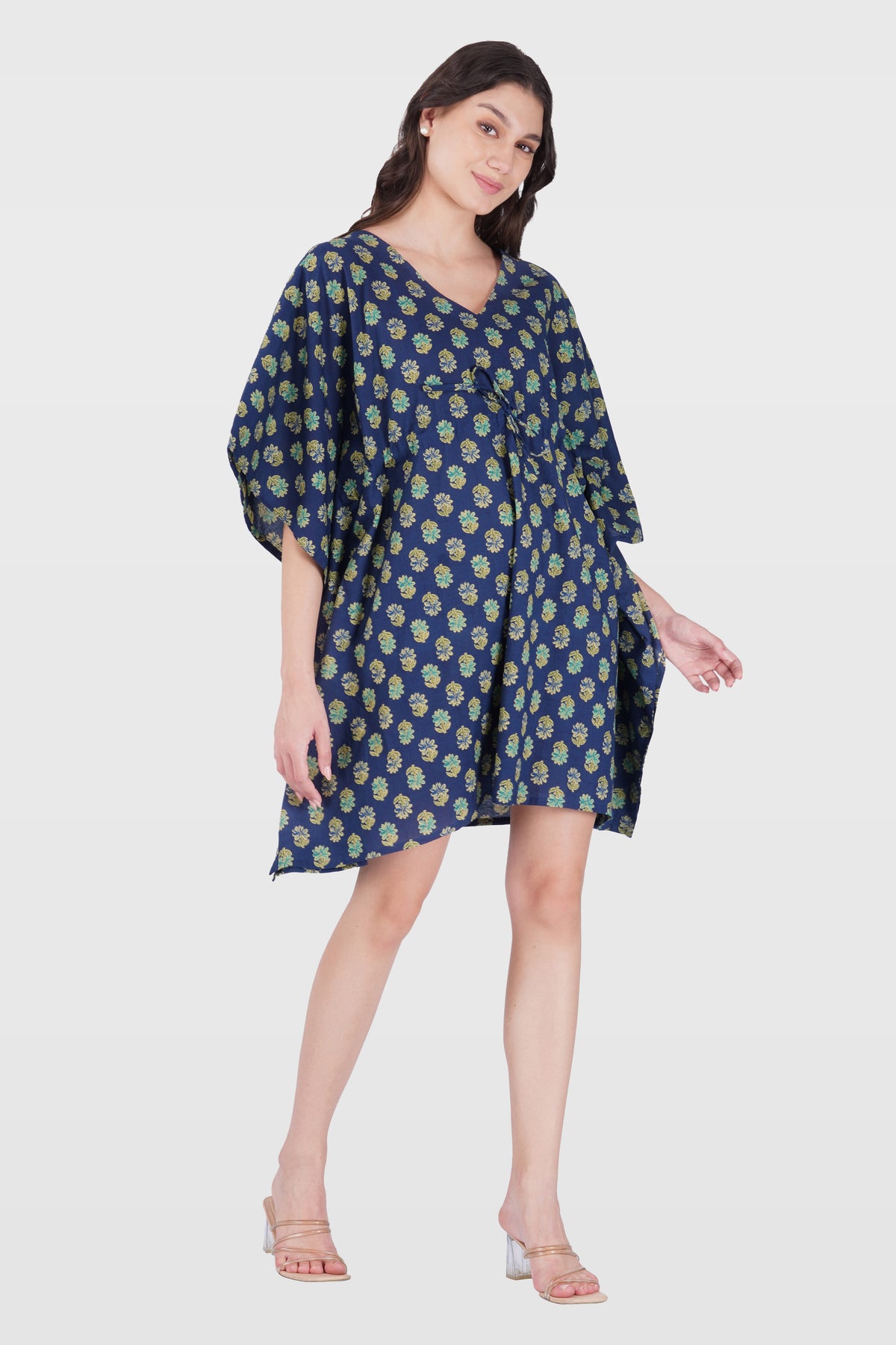 Navy Blue Cotton Printed Kaftan Top