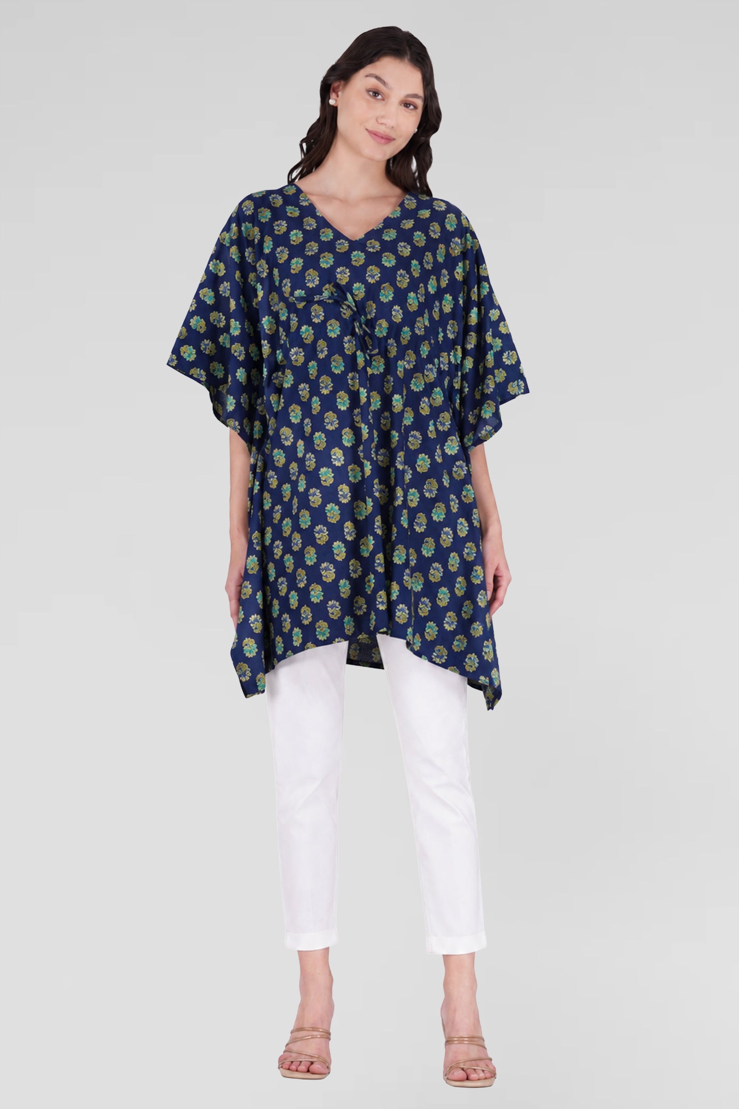 Navy Blue Cotton Printed Kaftan Top