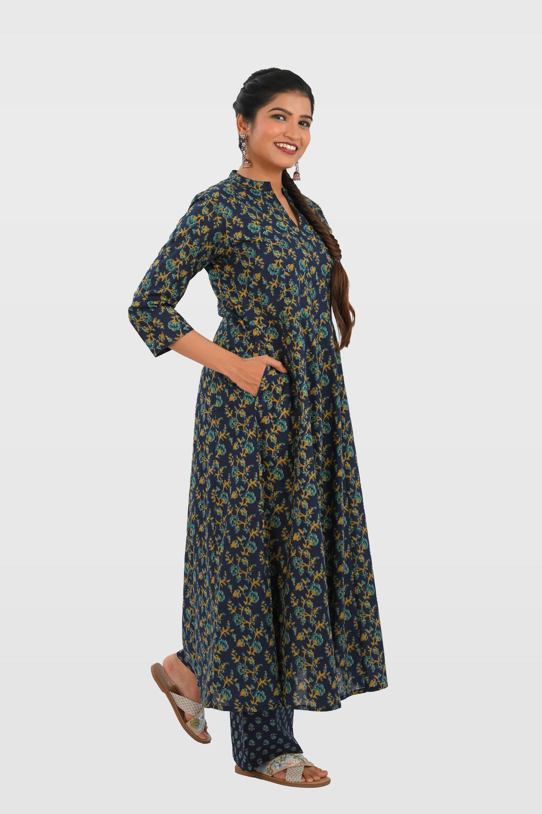 Navy Blue Cotton Printed Kurta Set