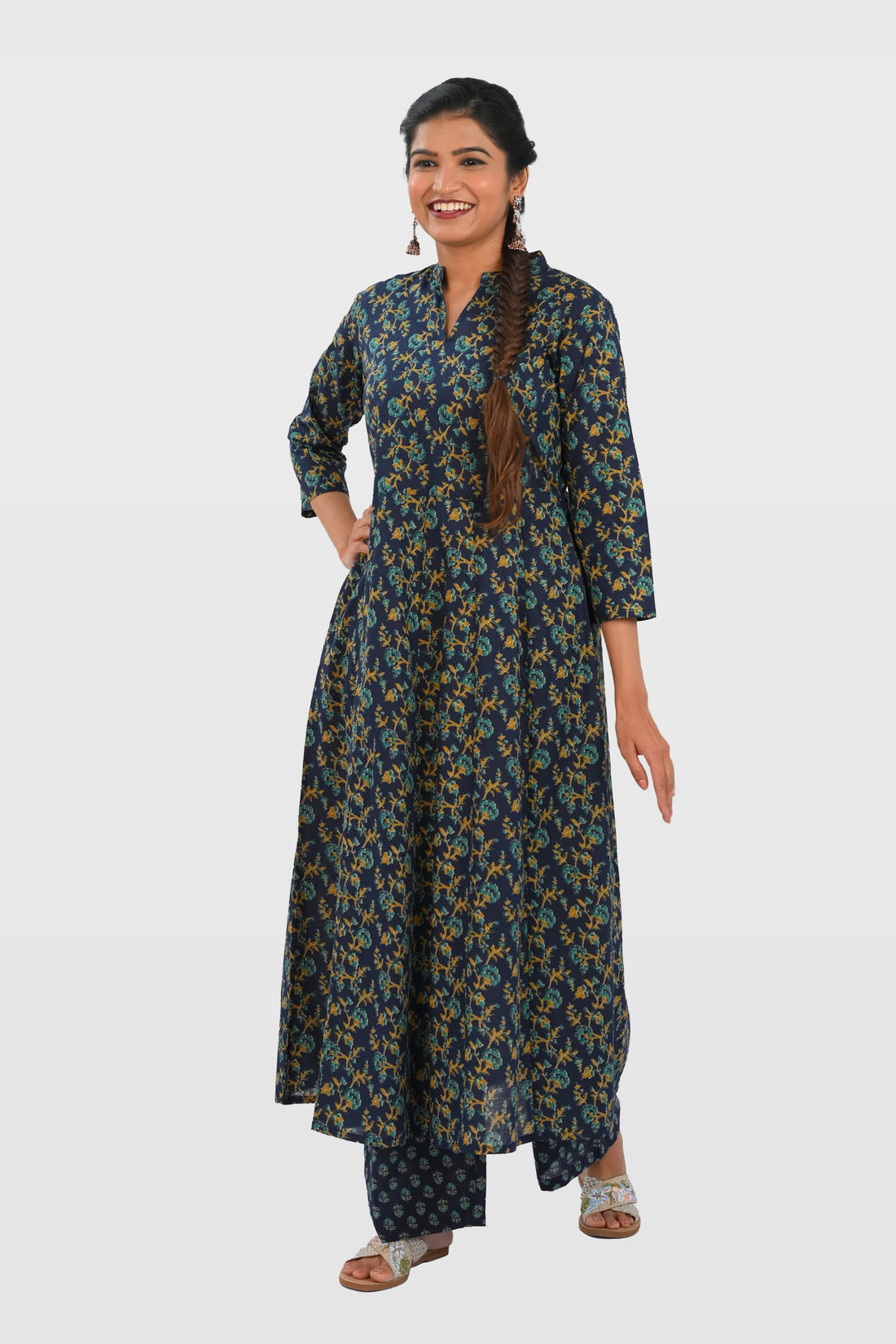 Navy Blue Cotton Printed Kurta Set