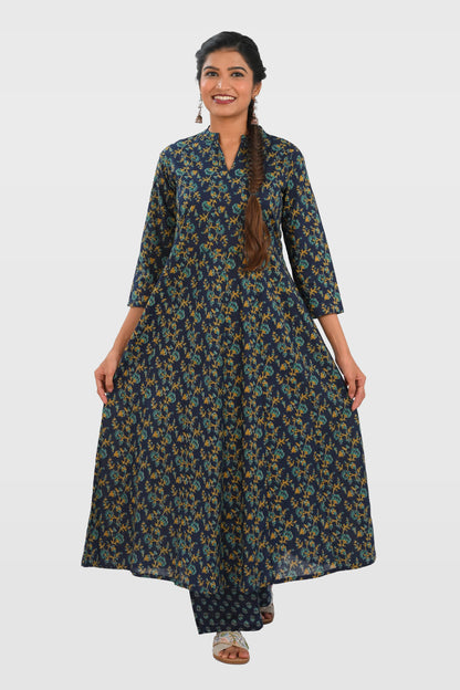 Navy Blue Cotton Printed Kurta Set