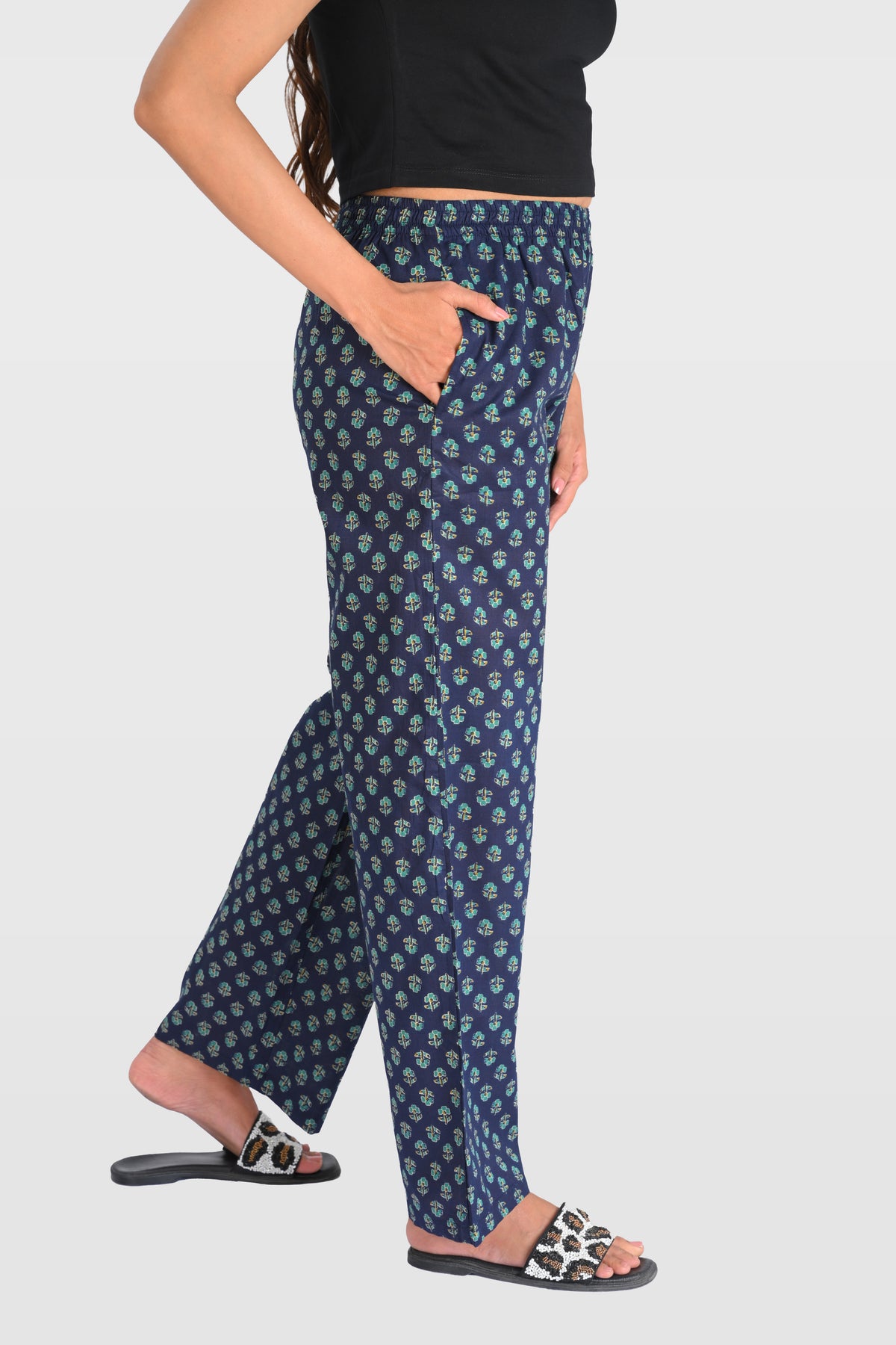 Navy Blue Cotton Printed Kurta Set