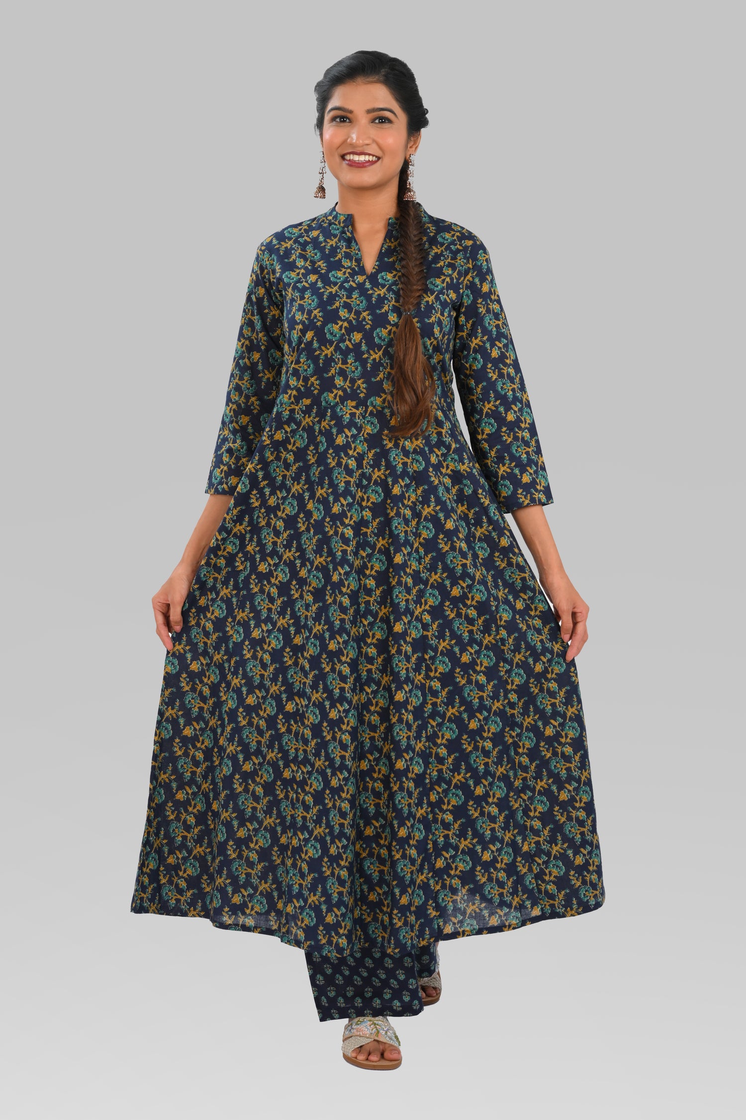 Navy Blue Cotton Printed Kurta Set