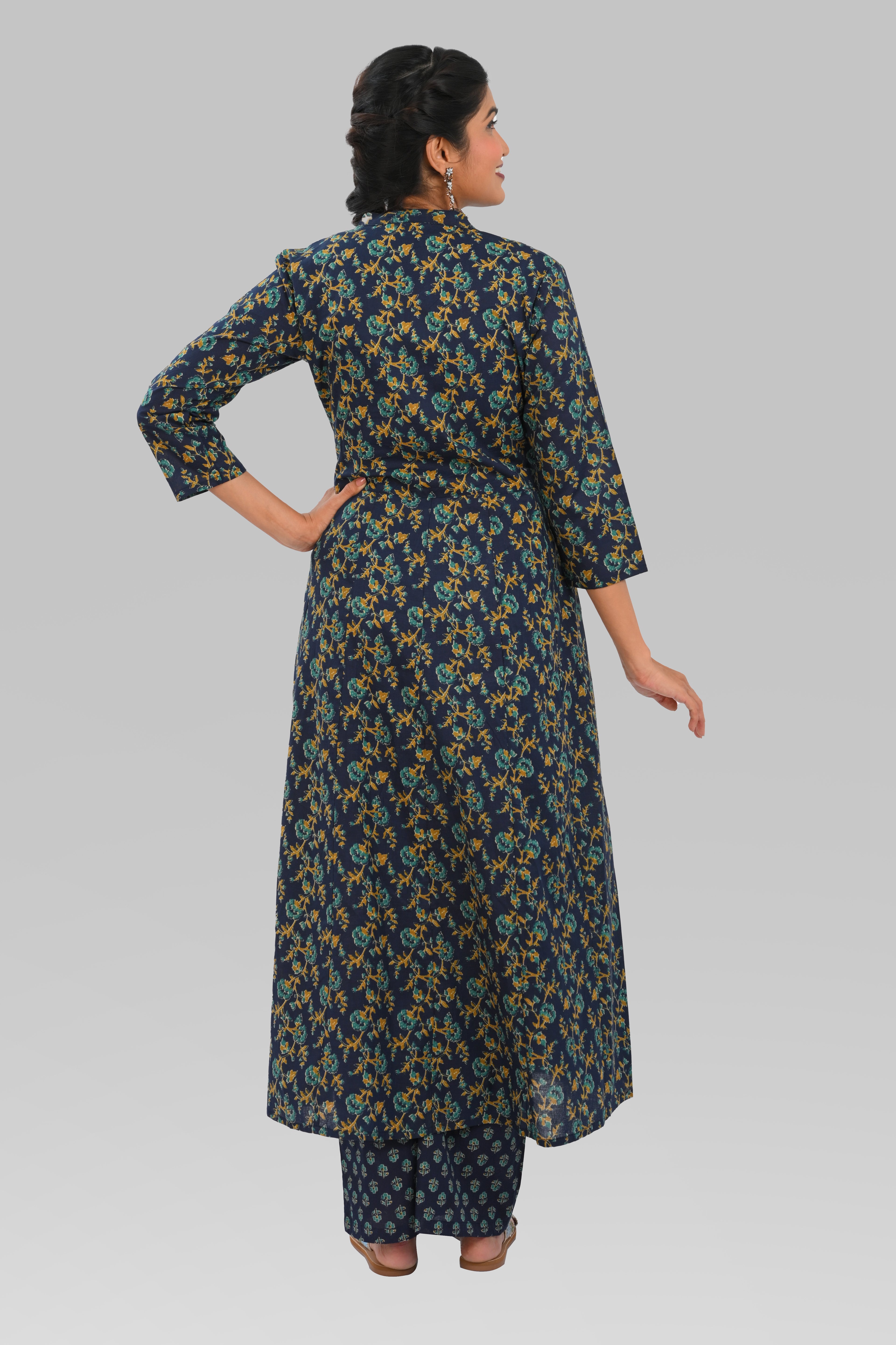 Navy Blue Cotton Printed Kurta Set