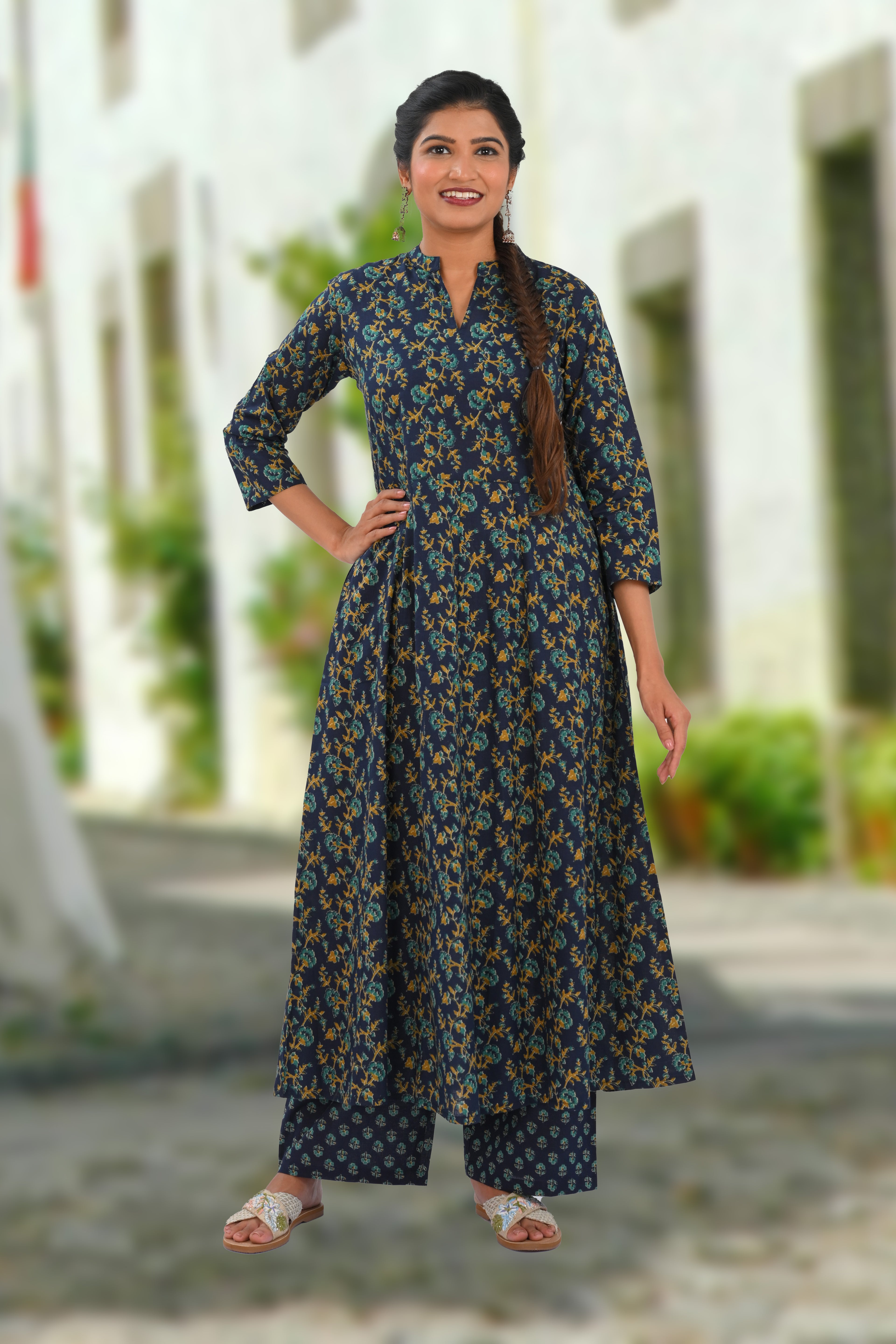Navy Blue Cotton Printed Kurta Set
