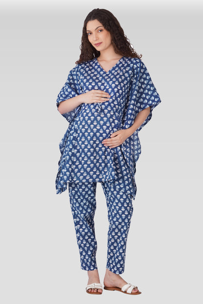 Navy Blue Cotton Printed Maternity and Feeding Kaftan Set