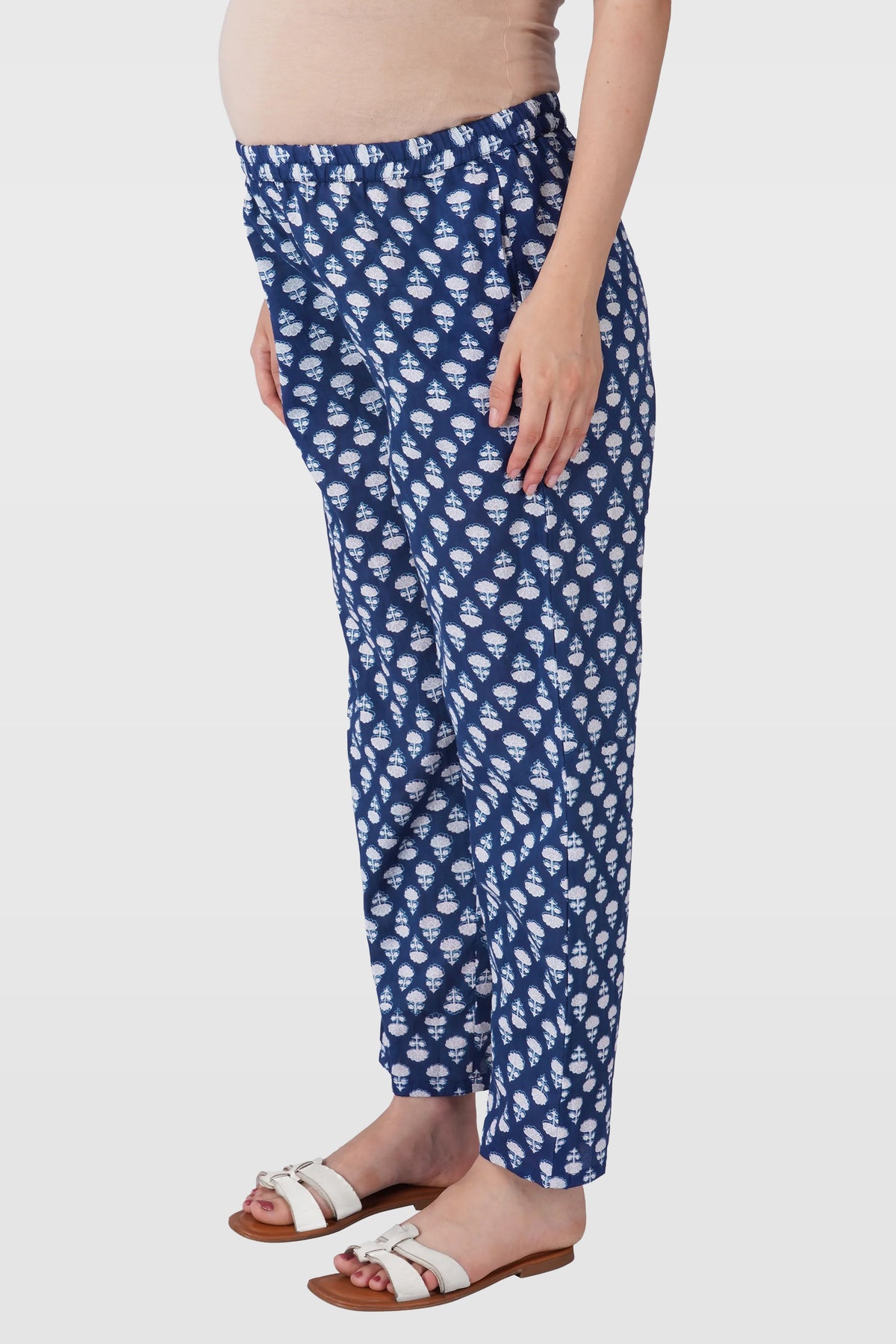 Navy Blue Cotton Printed Maternity and Feeding Kaftan Set