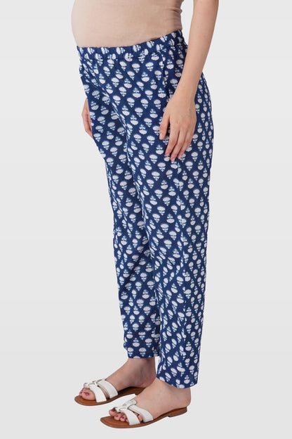 Navy Blue Cotton Printed Maternity and Feeding Kaftan Set