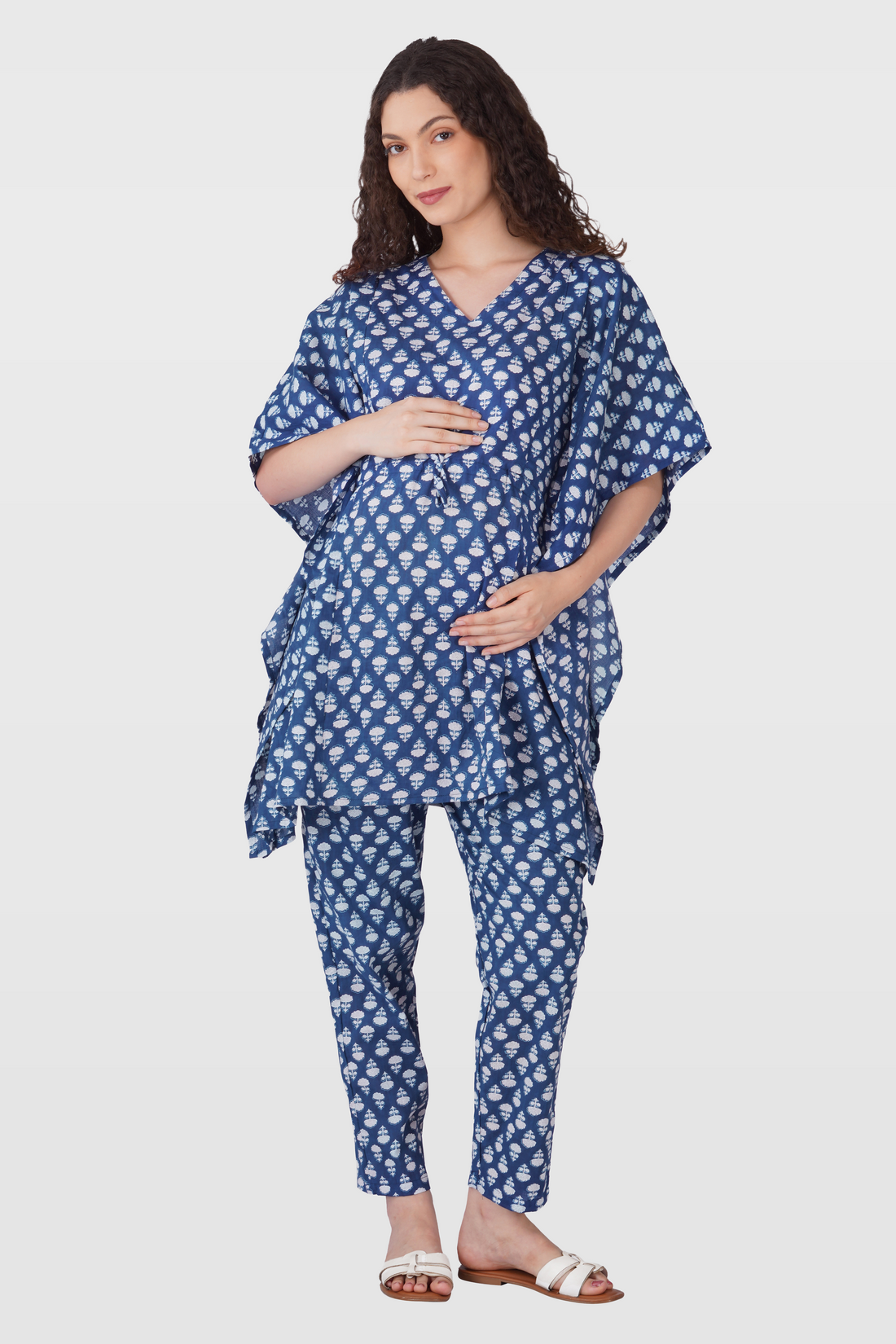 Navy Blue Cotton Printed Maternity and Feeding Kaftan Set