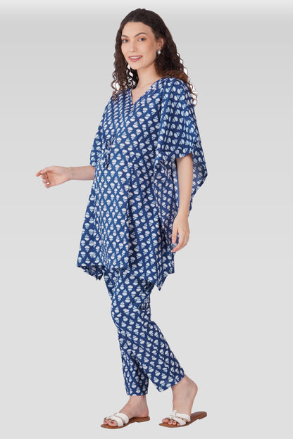 Navy Blue Cotton Printed Maternity and Feeding Kaftan Set