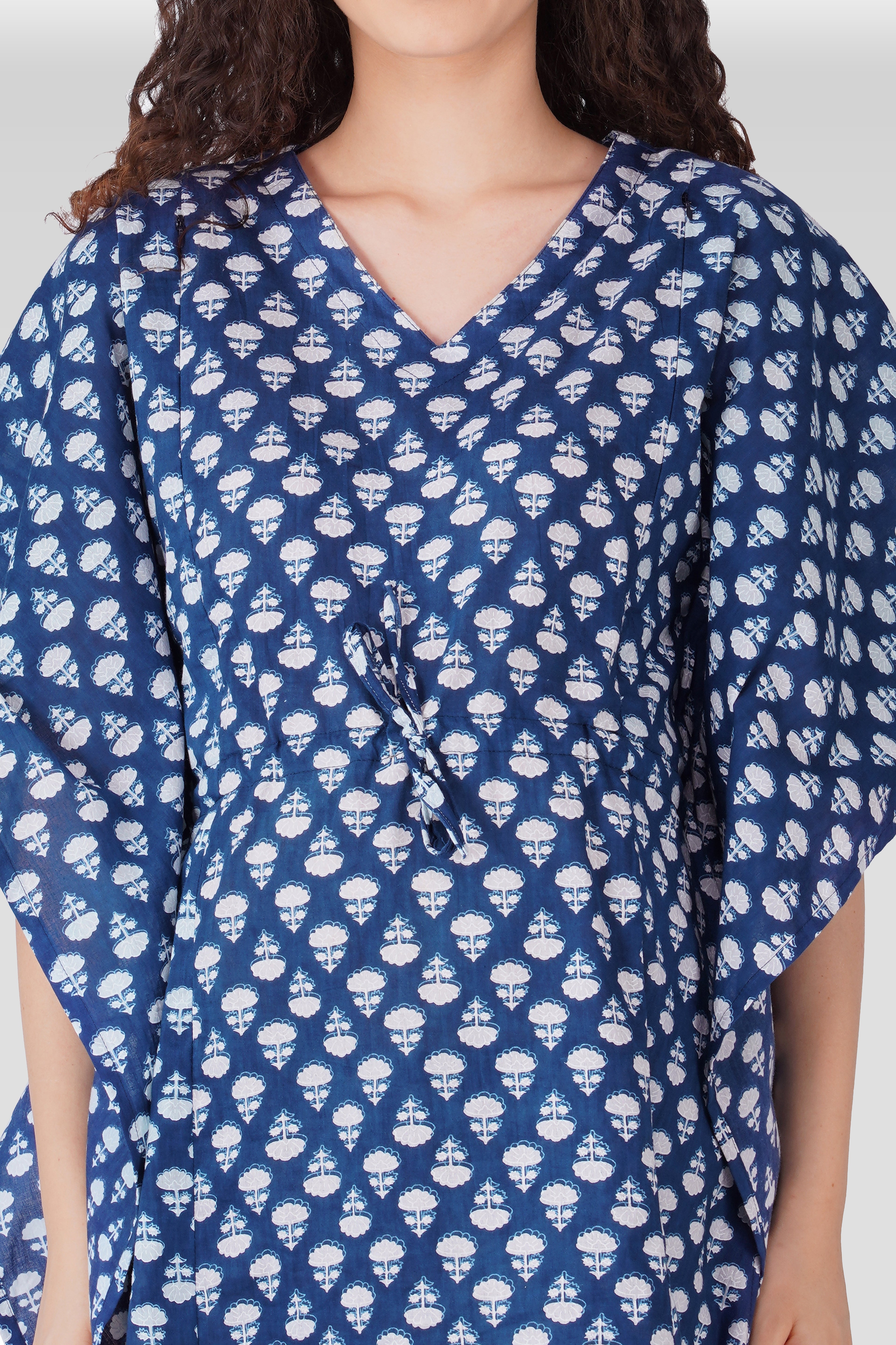 Navy Blue Cotton Printed Maternity and Feeding Kaftan Set