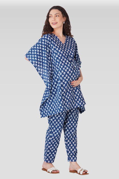 Navy Blue Cotton Printed Maternity and Feeding Kaftan Set