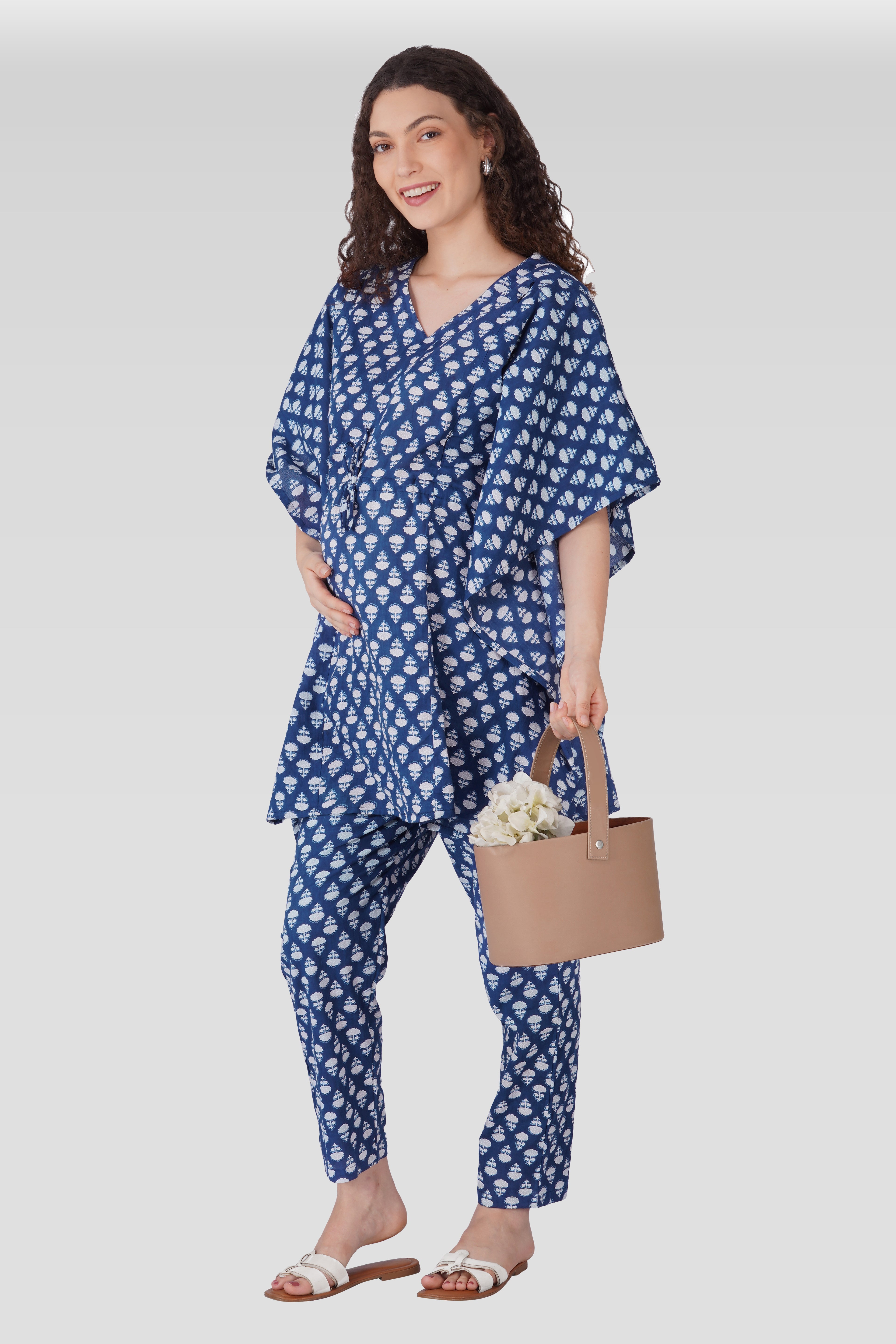 Navy Blue Cotton Printed Maternity and Feeding Kaftan Set