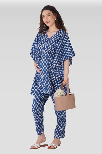 Navy Blue Cotton Printed Maternity and Feeding Kaftan Set