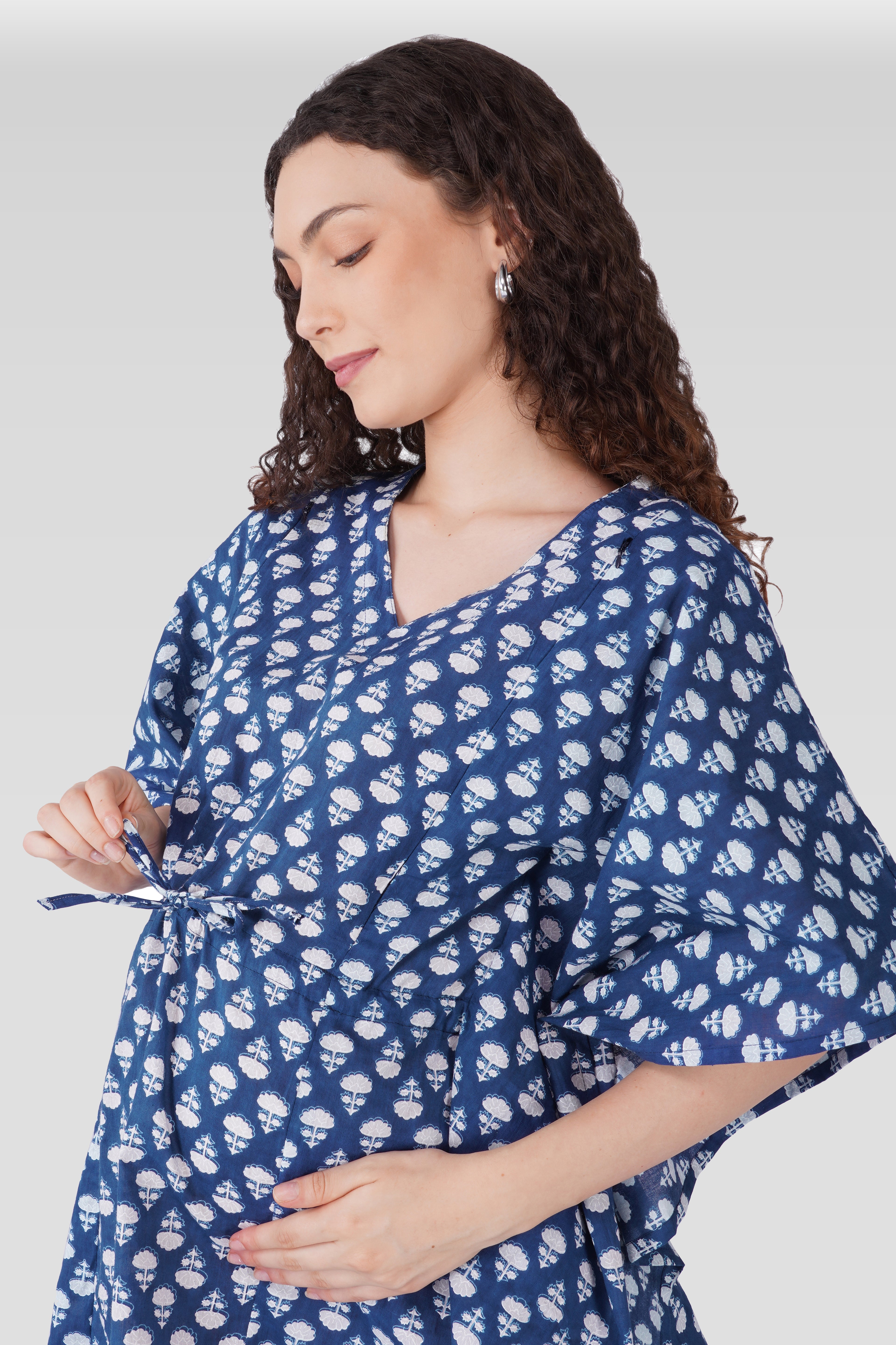 Navy Blue Cotton Printed Maternity and Feeding Kaftan Set