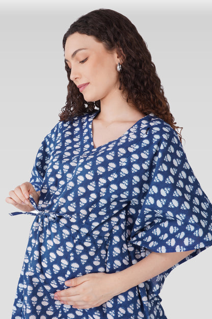 Navy Blue Cotton Printed Maternity and Feeding Kaftan Set