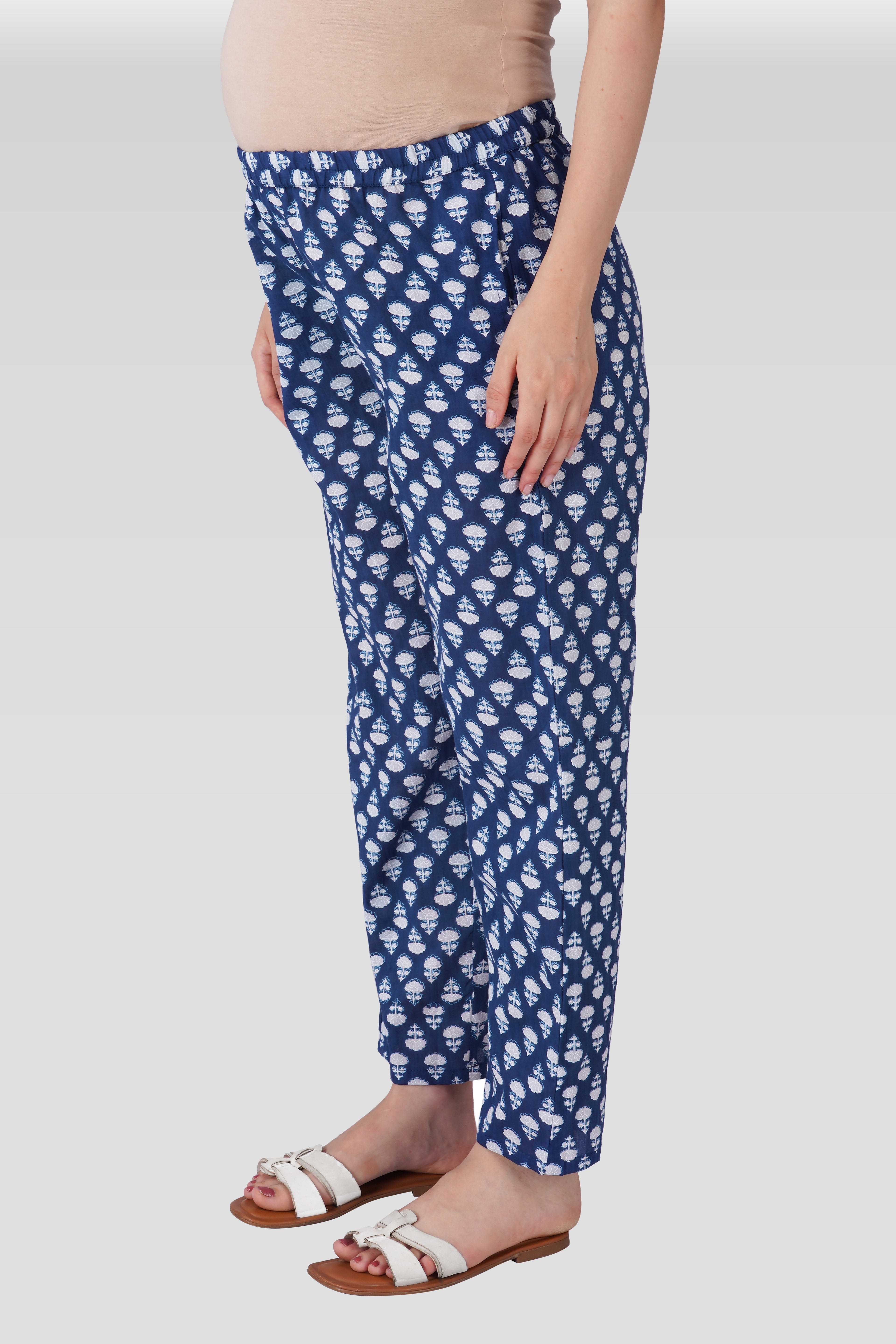 Navy Blue Cotton Printed Maternity and Feeding Kaftan Set
