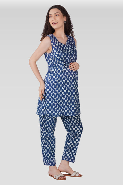 Navy Blue Cotton Printed Maternity and Feeding Kurta Set