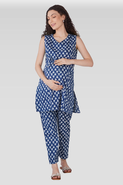 Navy Blue Cotton Printed Maternity and Feeding Kurta Set