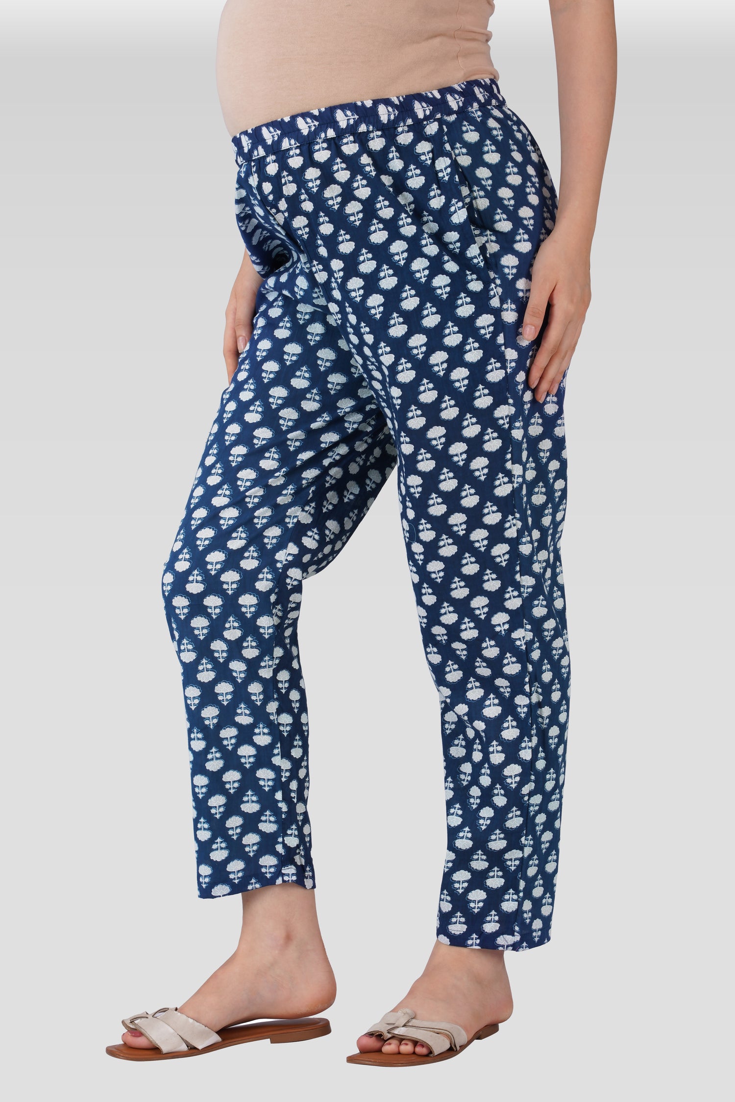 Navy Blue Cotton Printed Maternity and Feeding Kurta Set
