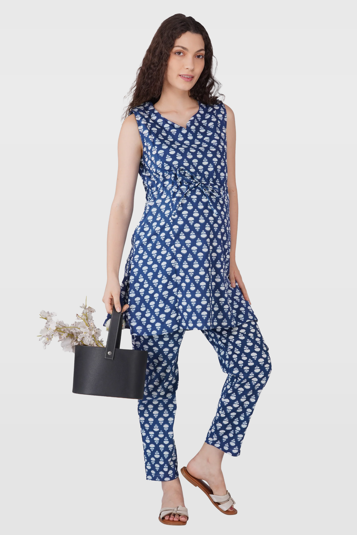 Navy Blue Cotton Printed Maternity and Feeding Kurta Set