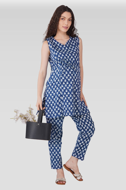 Navy Blue Cotton Printed Maternity and Feeding Kurta Set