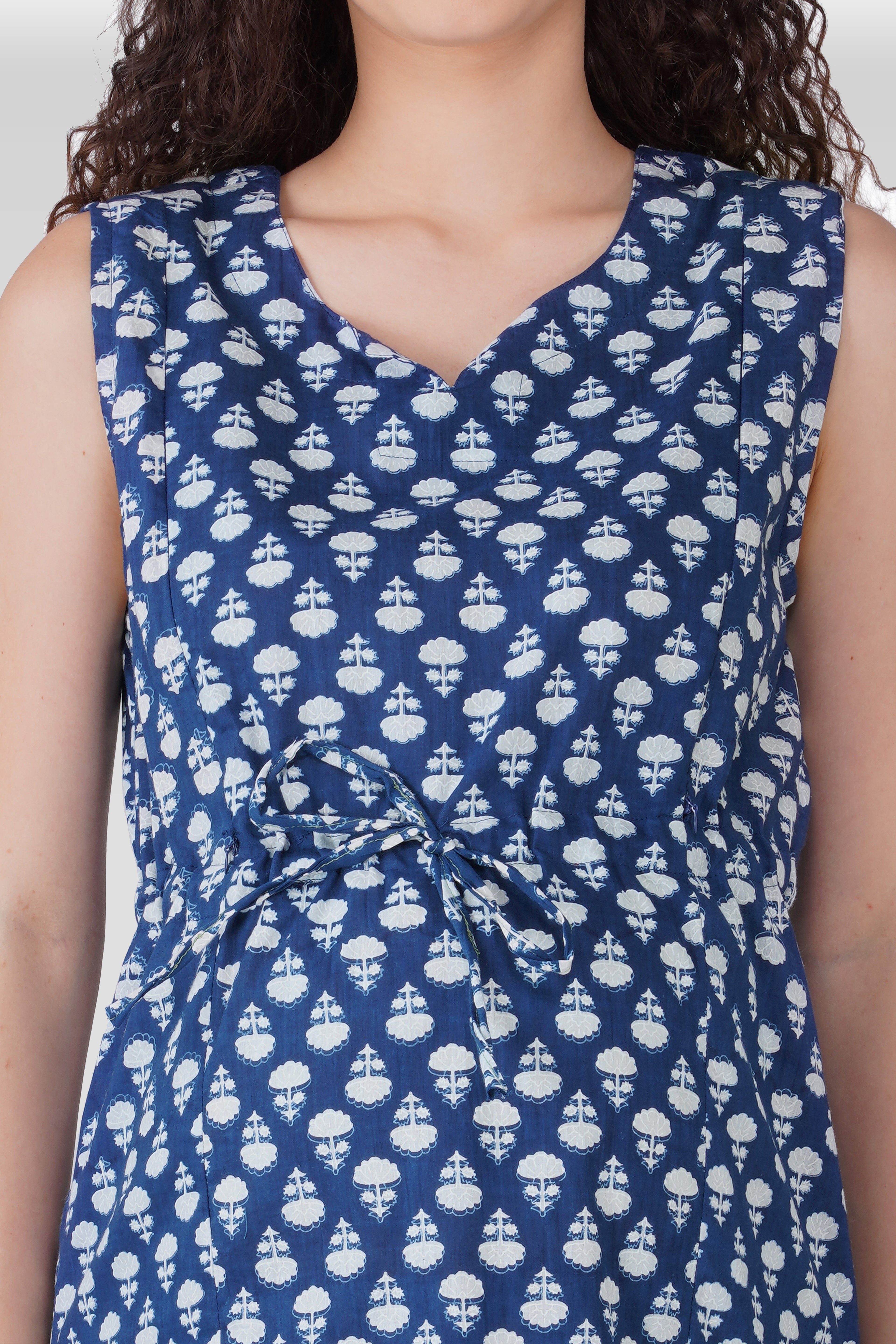 Navy Blue Cotton Printed Maternity and Feeding Kurta Set