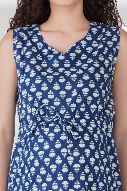 Navy Blue Cotton Printed Maternity and Feeding Kurta Set