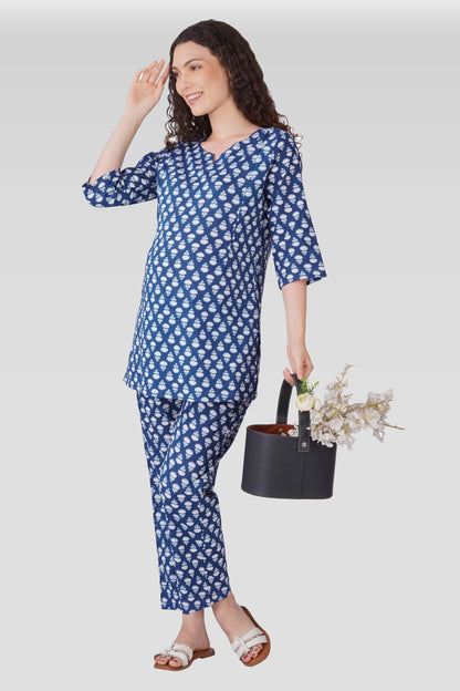 Navy Blue Cotton Printed Maternity and Feeding Pyjama Set