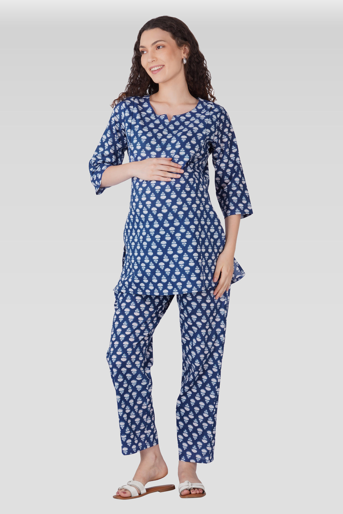 Navy Blue Cotton Printed Maternity and Feeding Pyjama Set