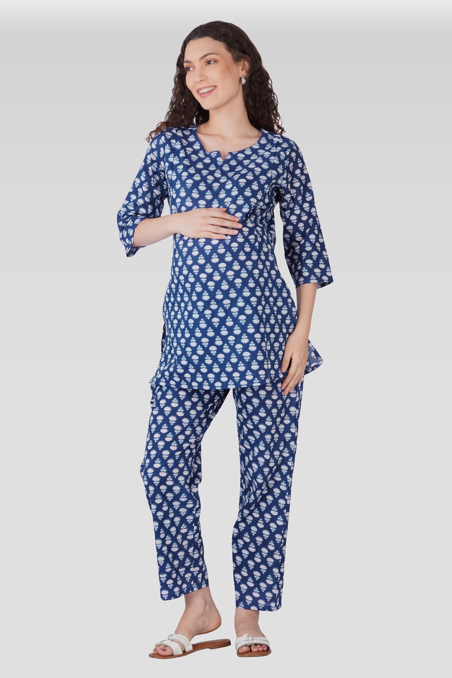 Navy Blue Cotton Printed Maternity and Feeding Pyjama Set