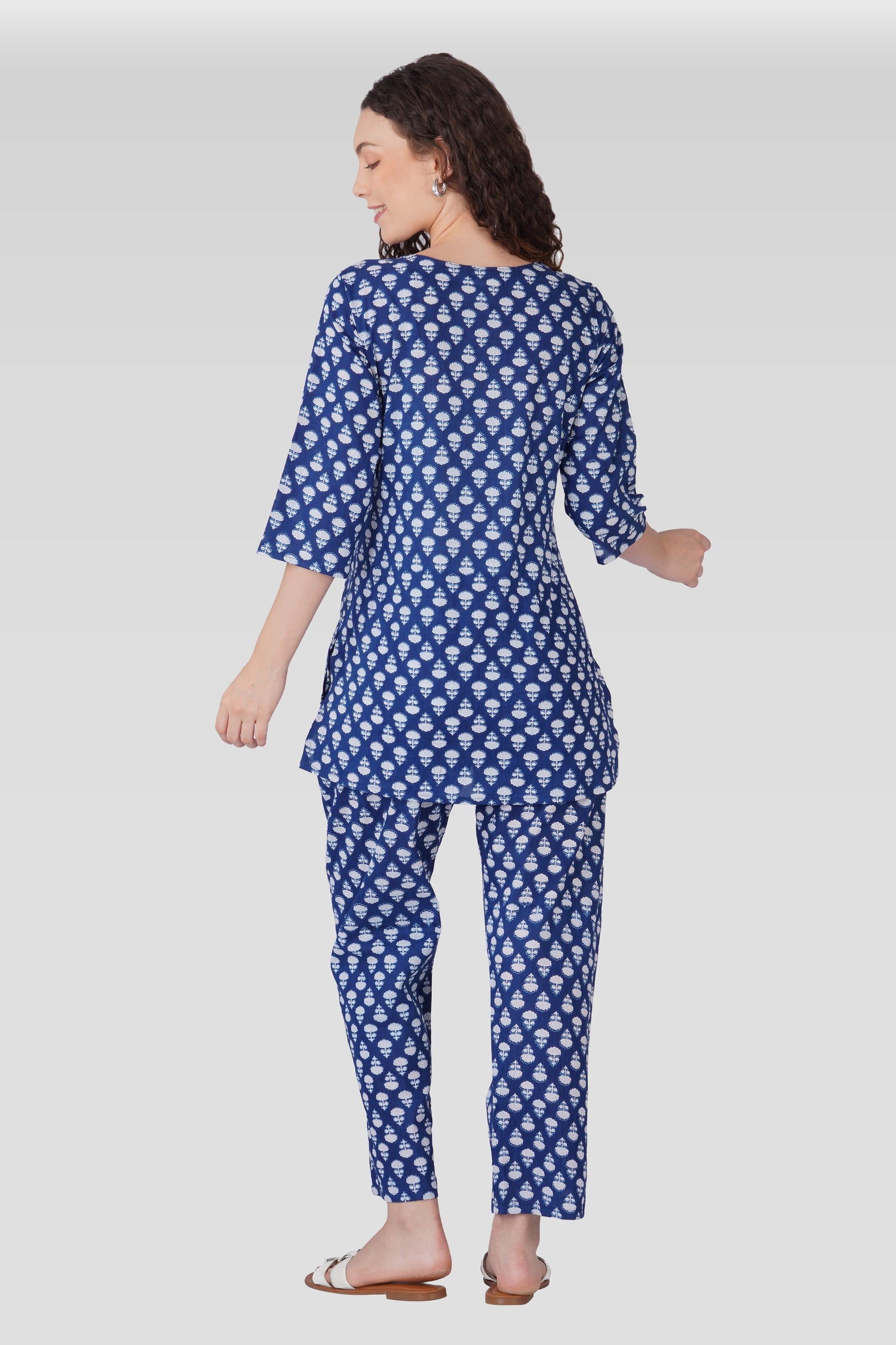 Navy Blue Cotton Printed Maternity and Feeding Pyjama Set