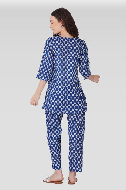 Navy Blue Cotton Printed Maternity and Feeding Pyjama Set