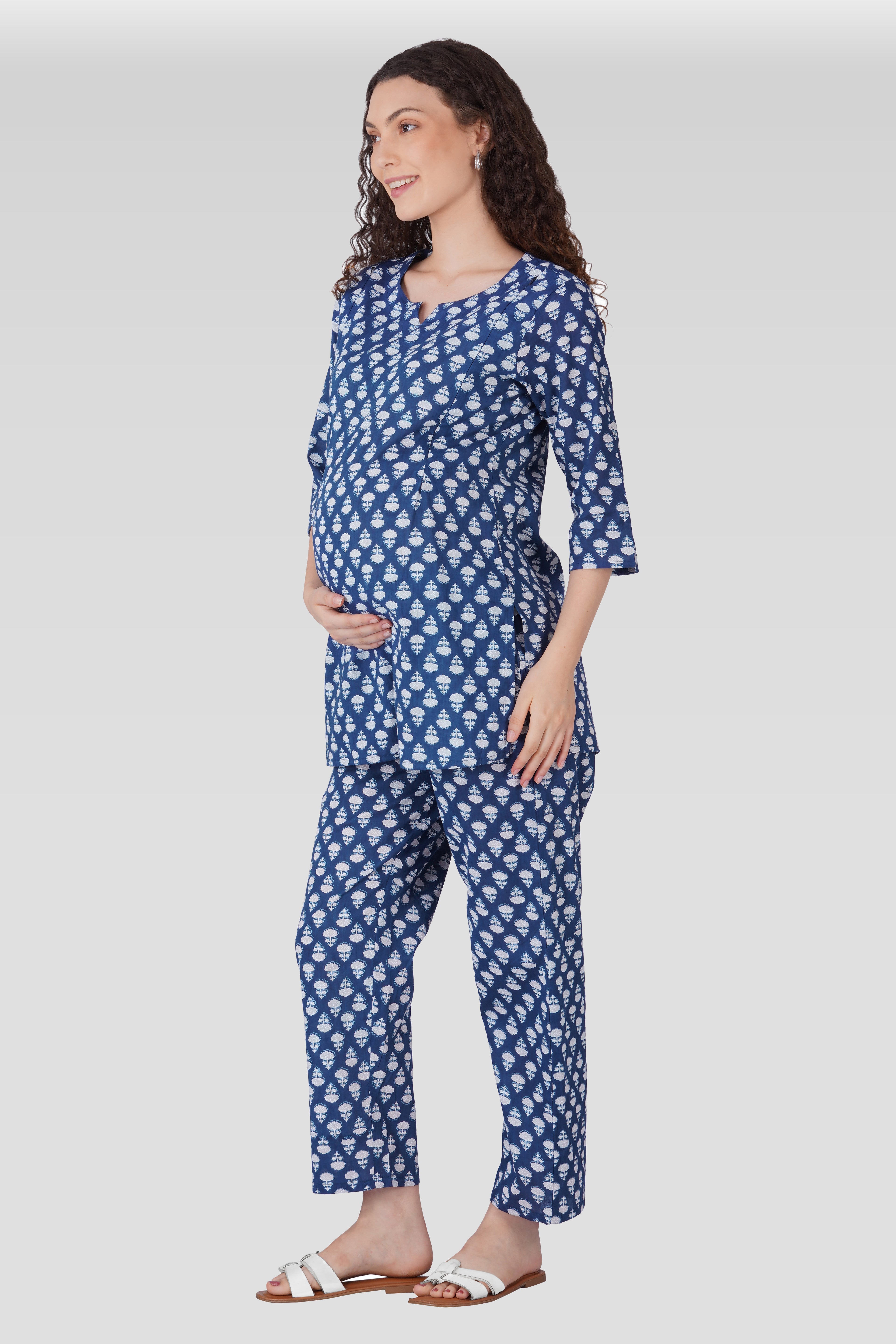 Navy Blue Cotton Printed Maternity and Feeding Pyjama Set