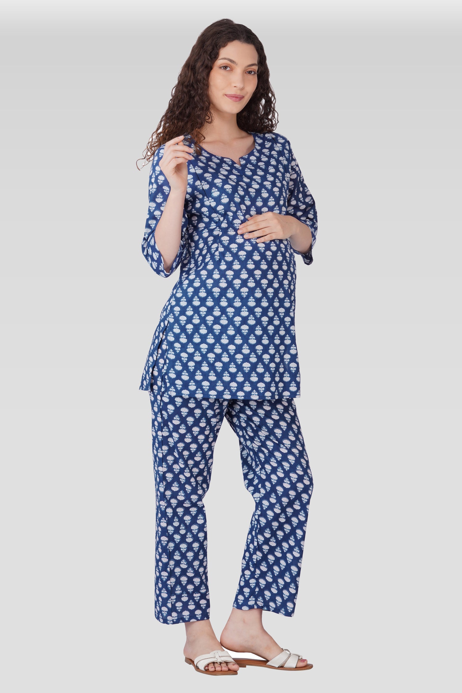 Navy Blue Cotton Printed Maternity and Feeding Pyjama Set