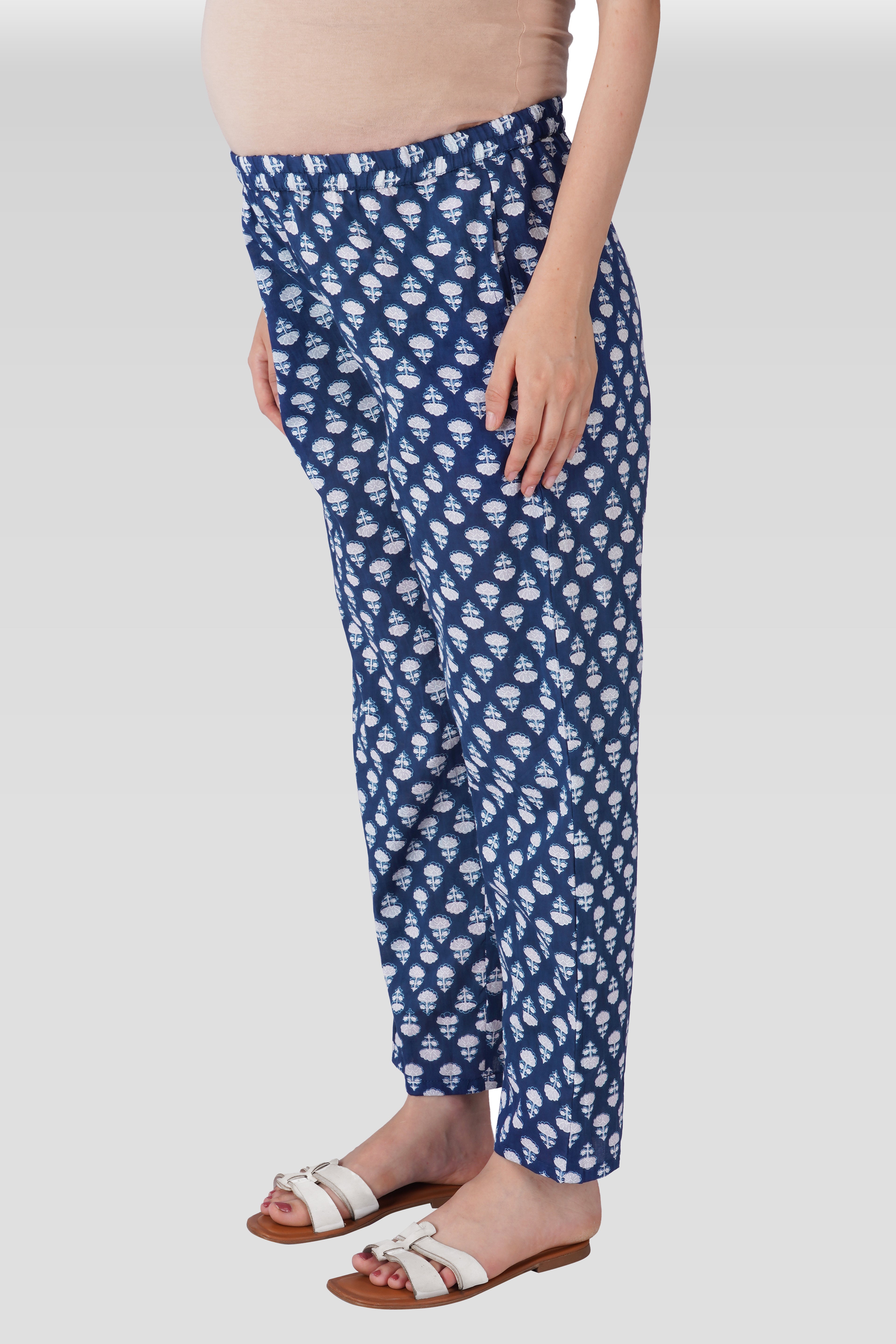 Navy Blue Cotton Printed Maternity and Feeding Pyjama Set