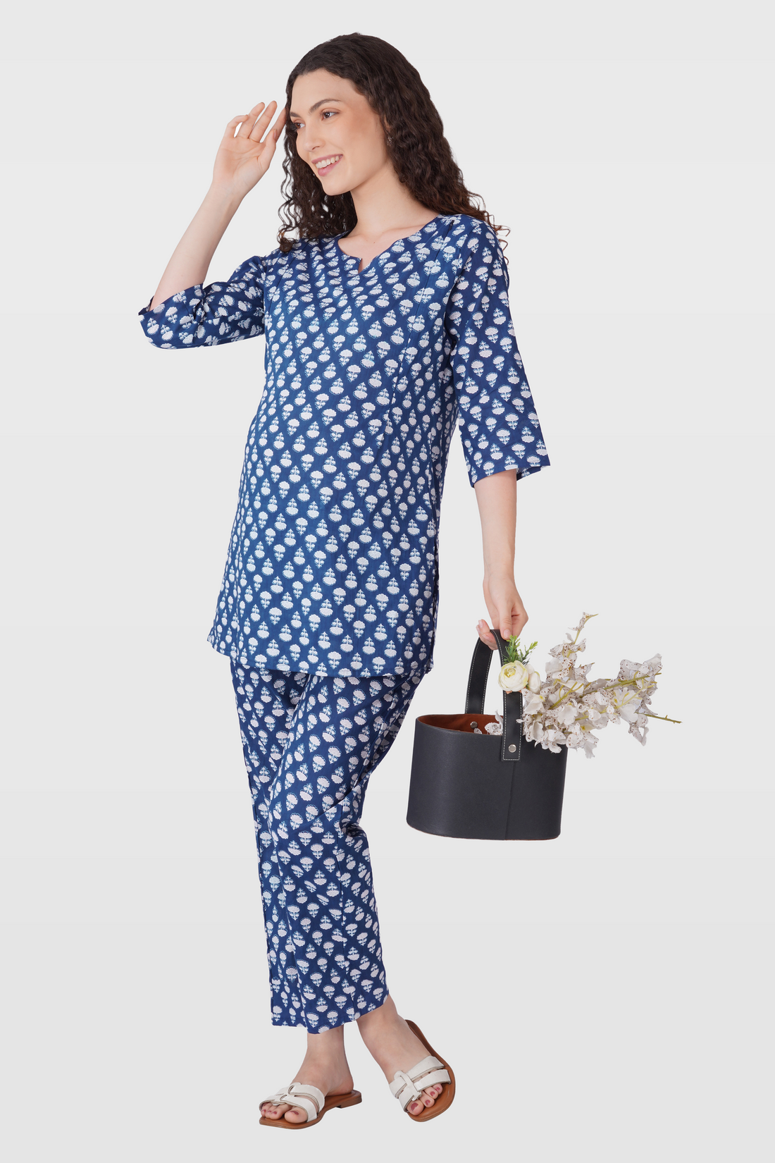 Navy Blue Cotton Printed Maternity and Feeding Pyjama Set