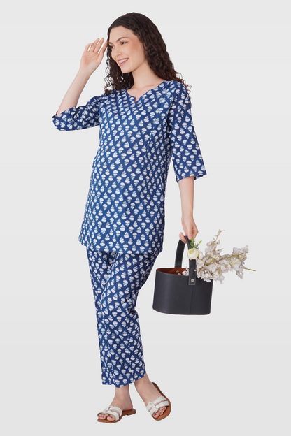 Navy Blue Cotton Printed Maternity and Feeding Pyjama Set