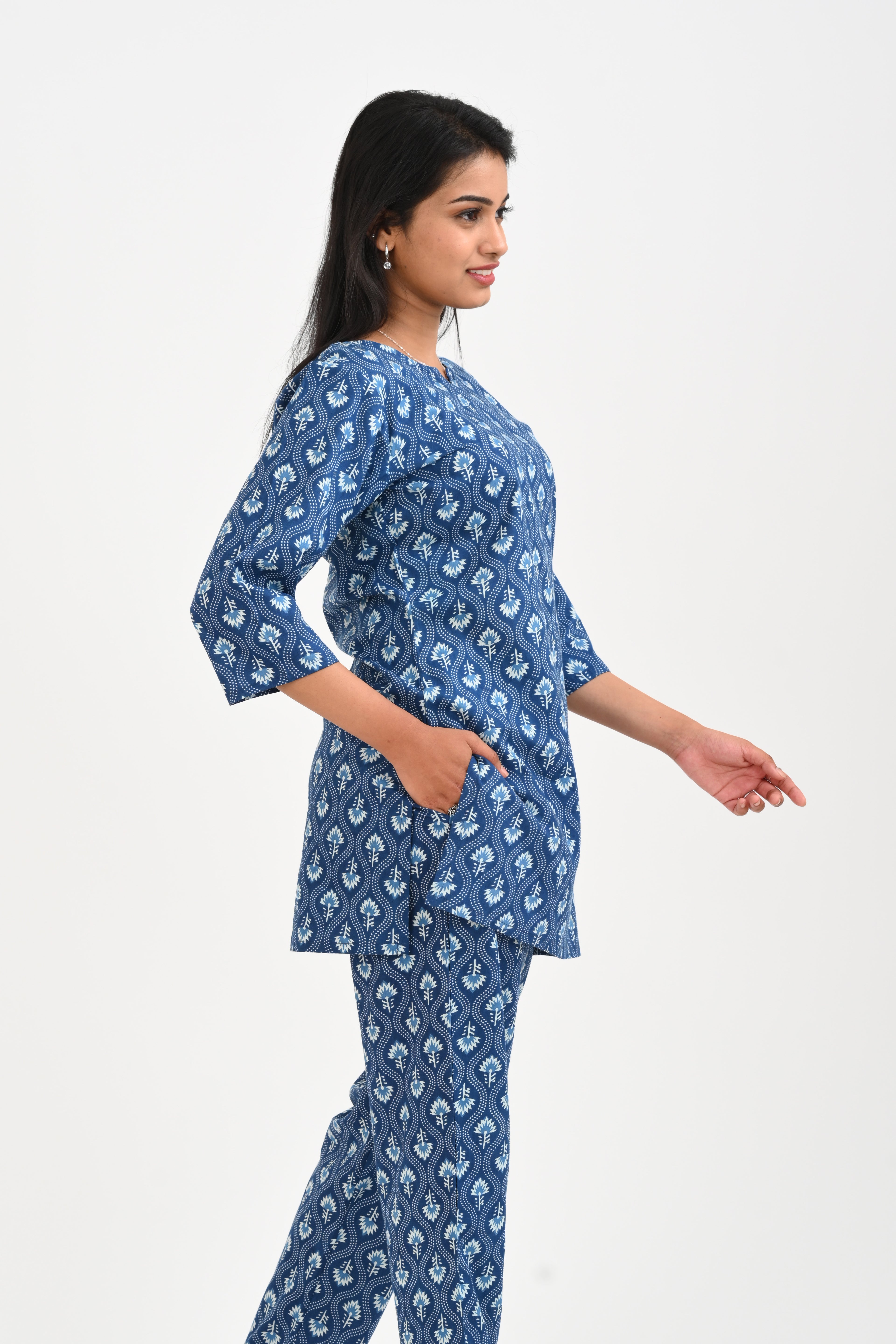 Navy Blue Cotton Printed Pyjama Set