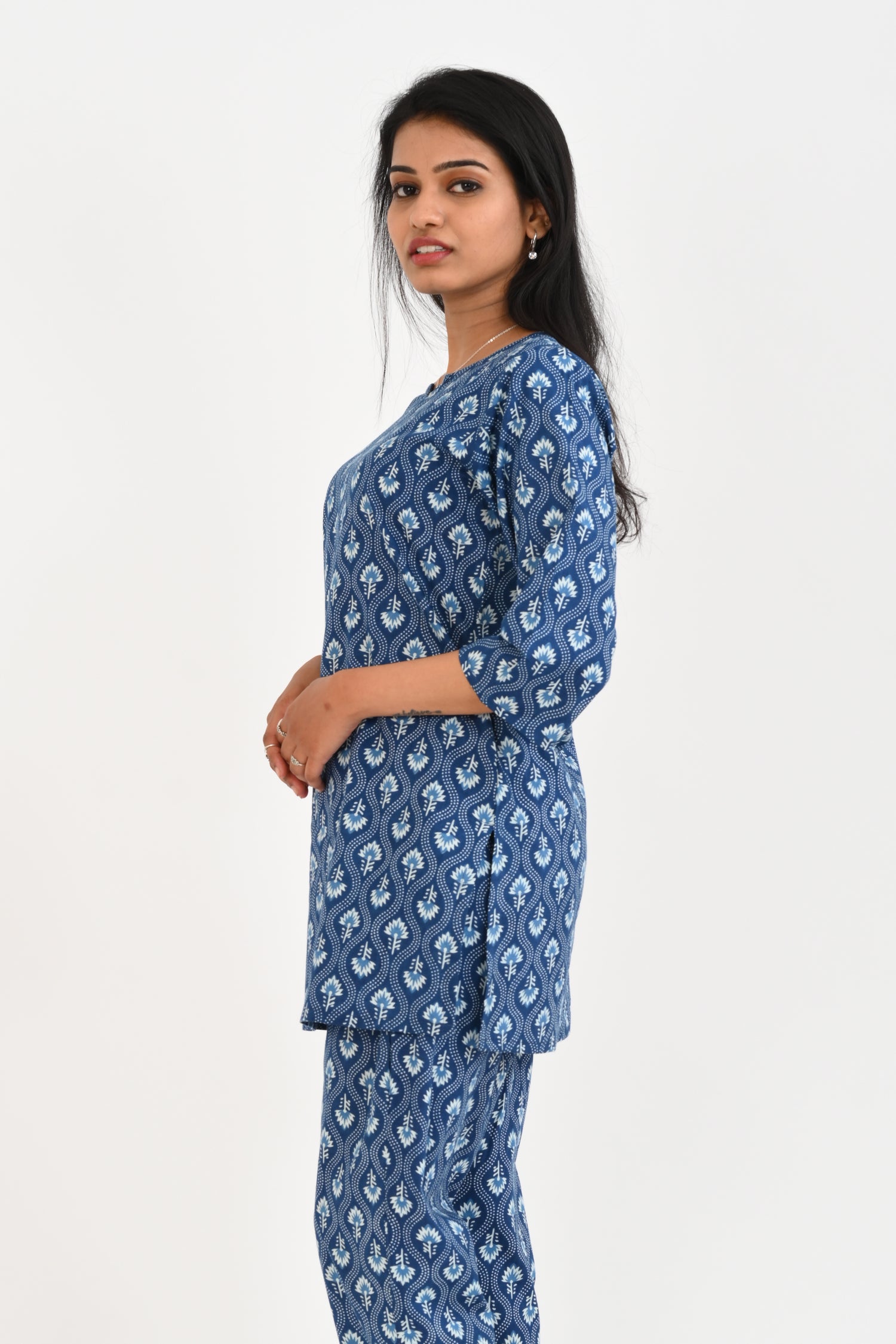 Navy Blue Cotton Printed Pyjama Set