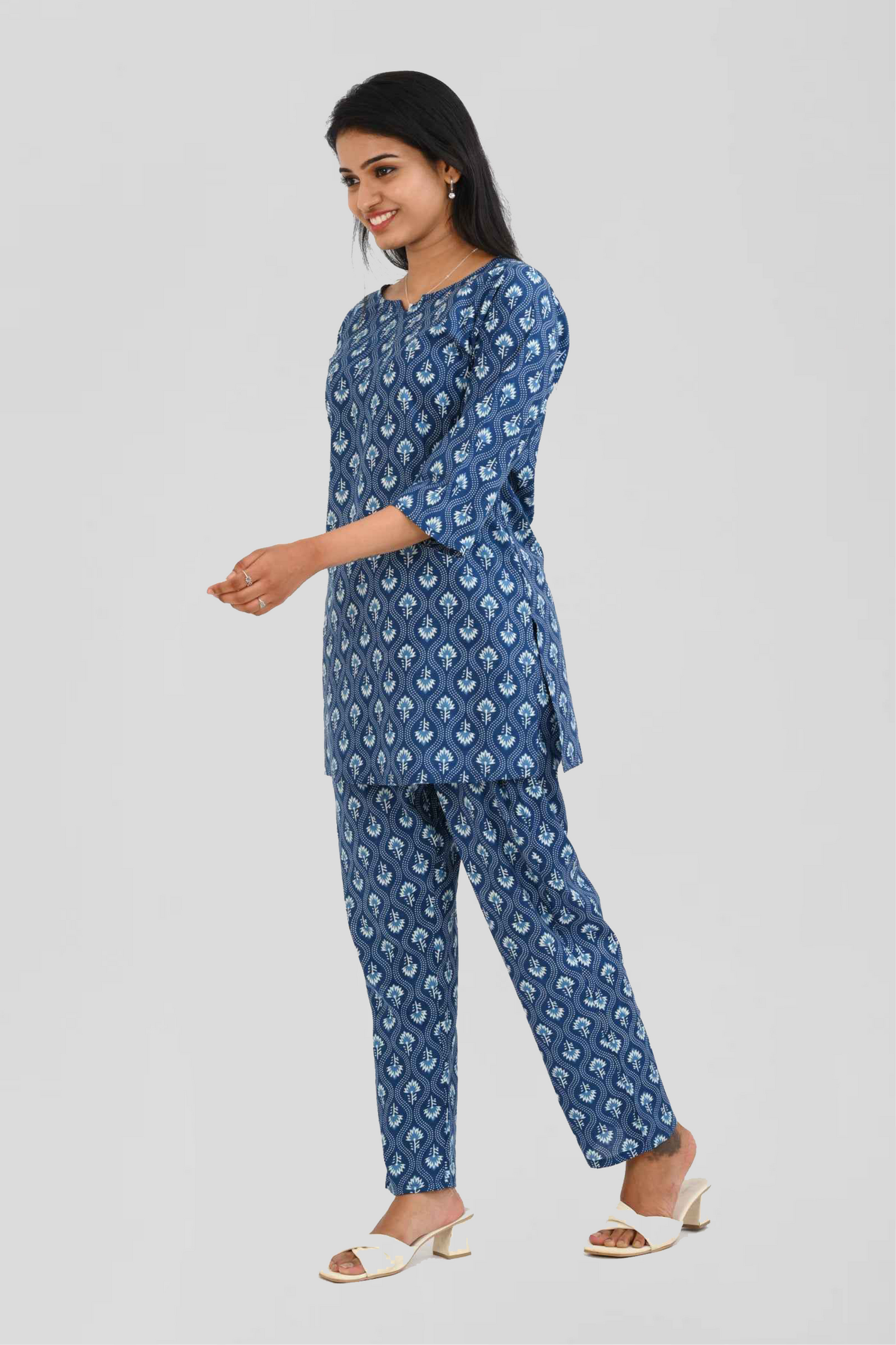 Navy Blue Cotton Printed Pyjama Set