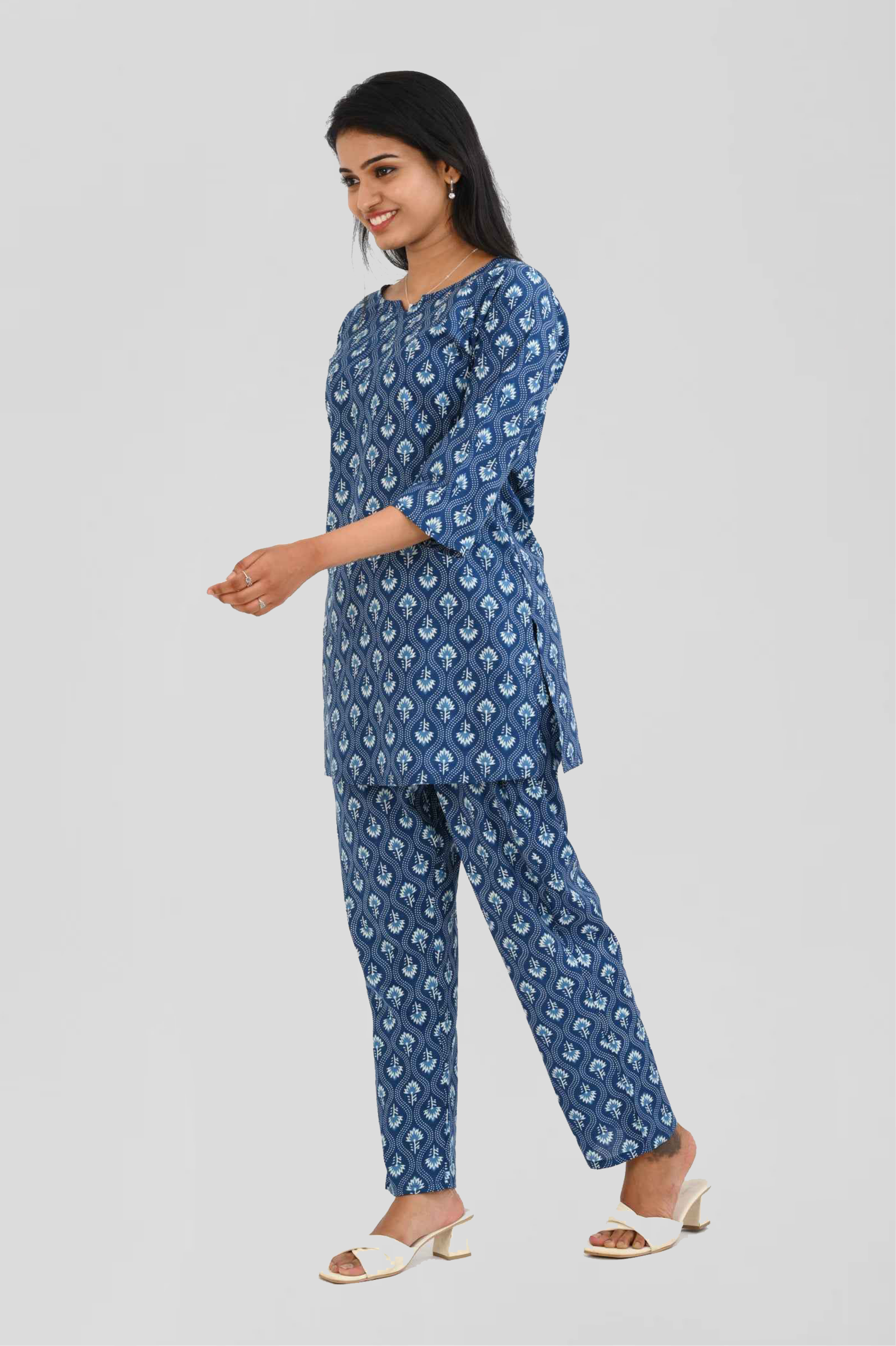 Navy Blue Cotton Printed Pyjama Set