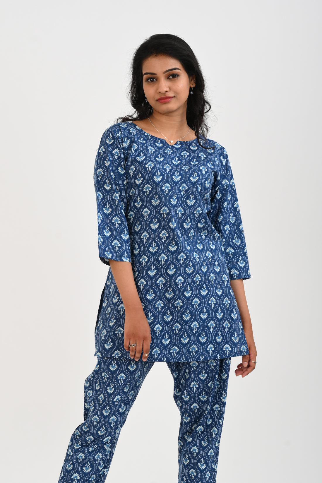 Navy Blue Cotton Printed Pyjama Set