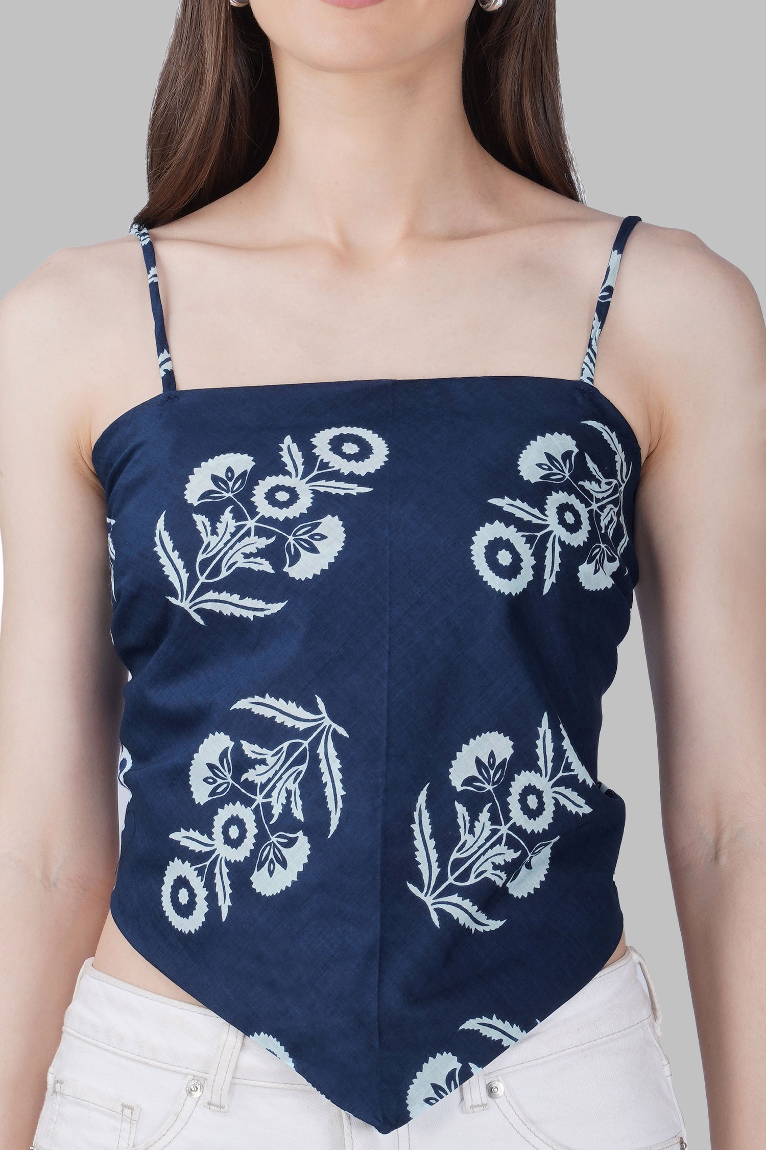 Navy Blue Cotton Printed Scarf Top