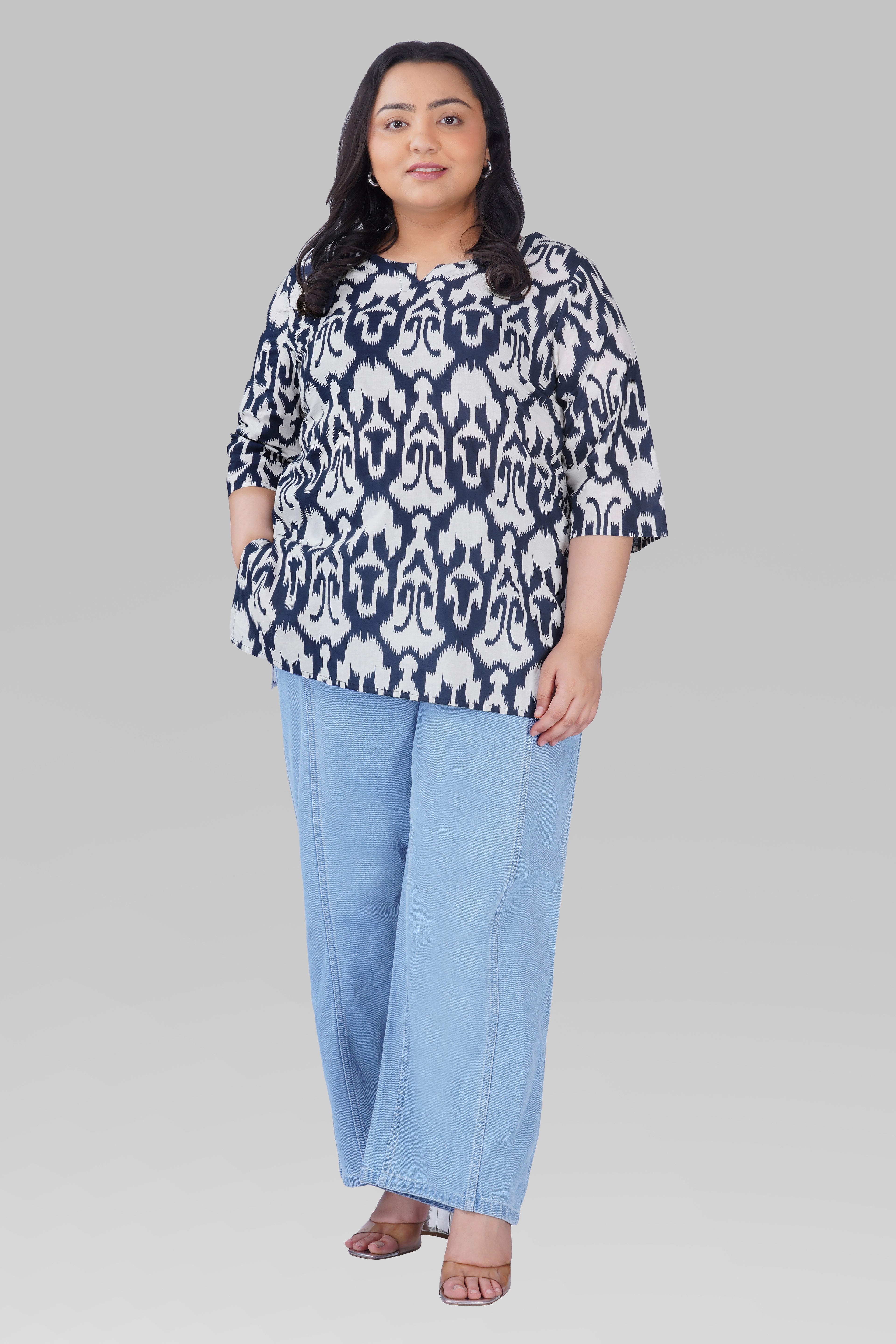 Navy Blue Plus Size Cotton Printed Kurti