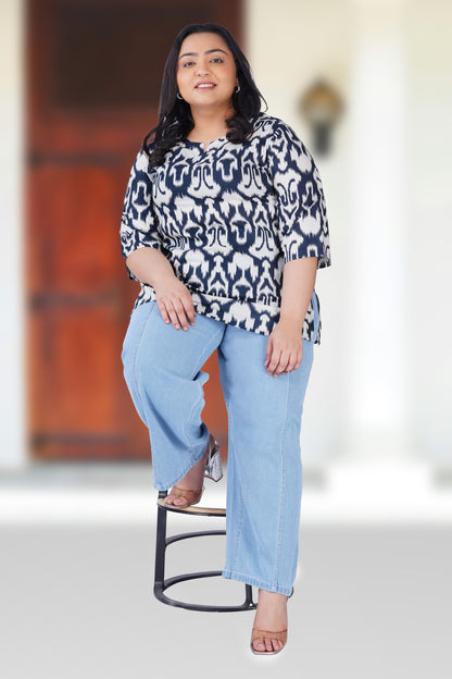 Navy Blue Plus Size Cotton Printed Kurti