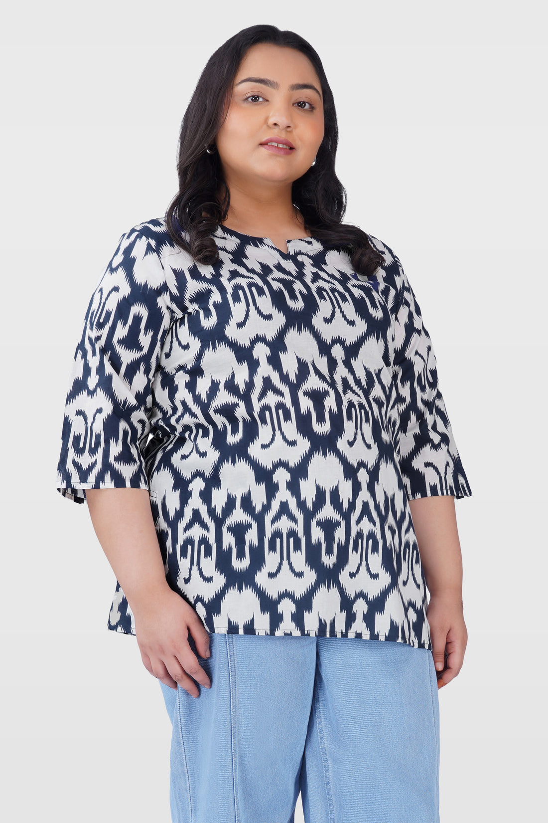 Navy Blue Plus Size Cotton Printed Kurti