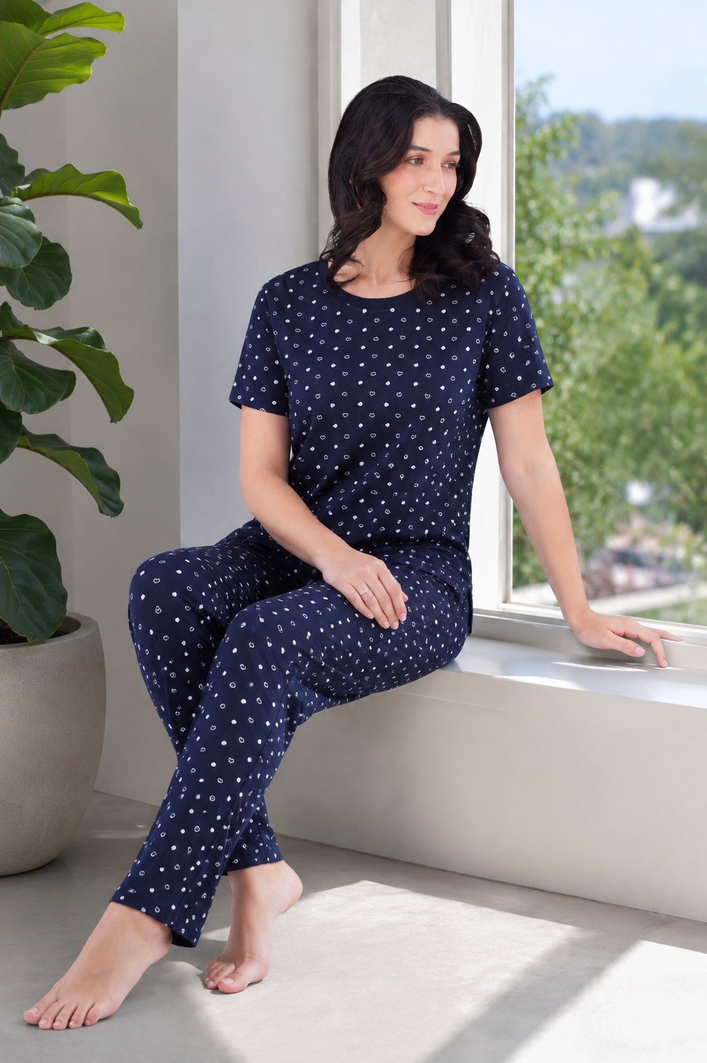 Navy Cotton Printed Pyjama Set